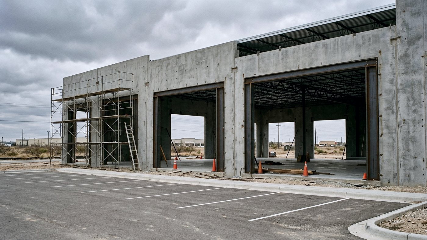 Overhead door openings framed in a building under construction