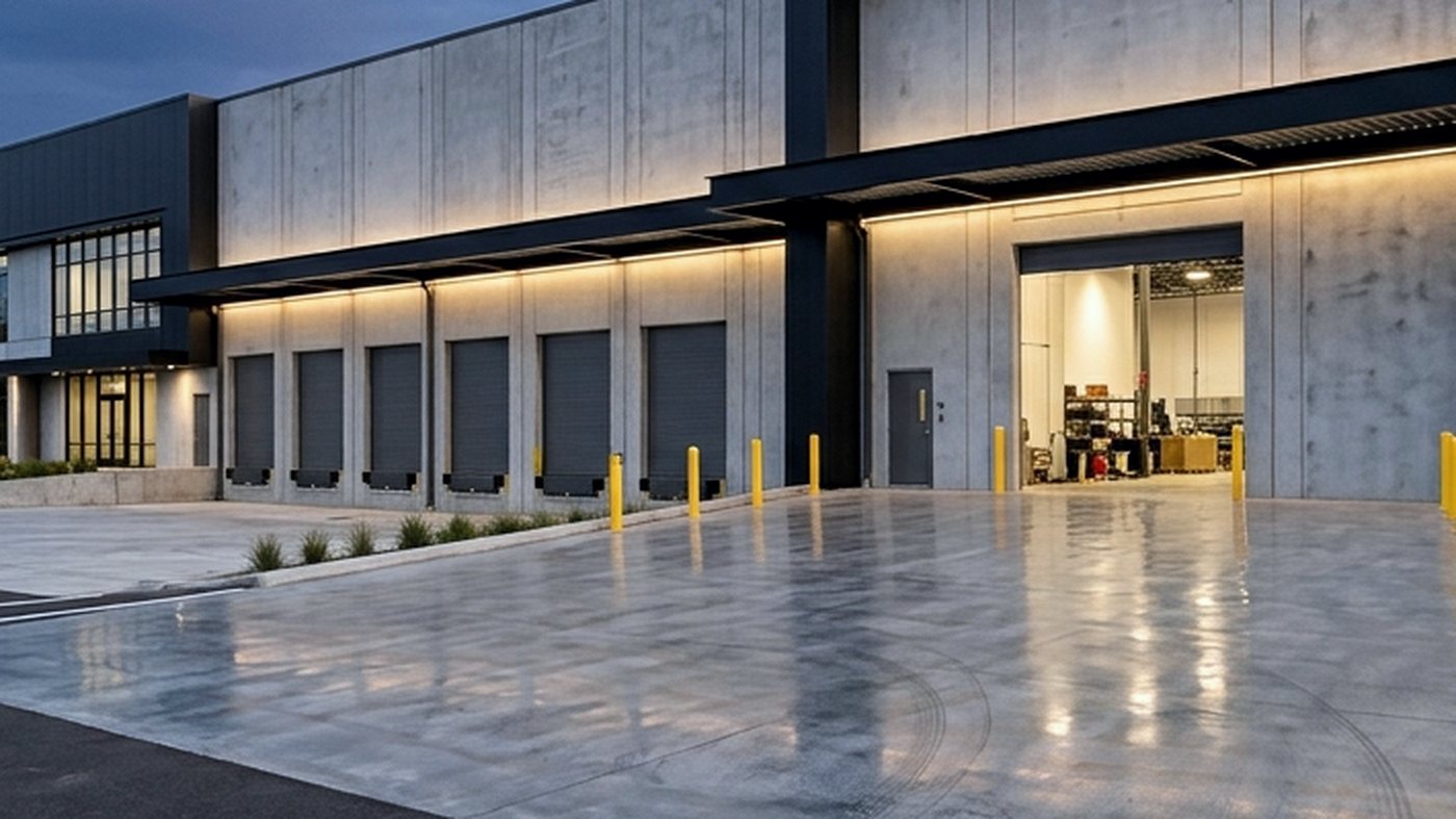 Loading dock with a trailer at an open bay and rolling steel doors