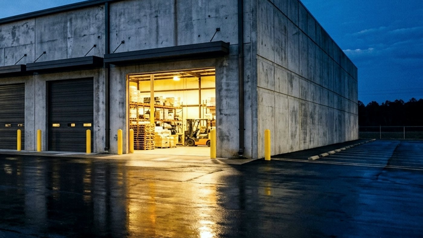 Service lighting on a commercial overhead door at night