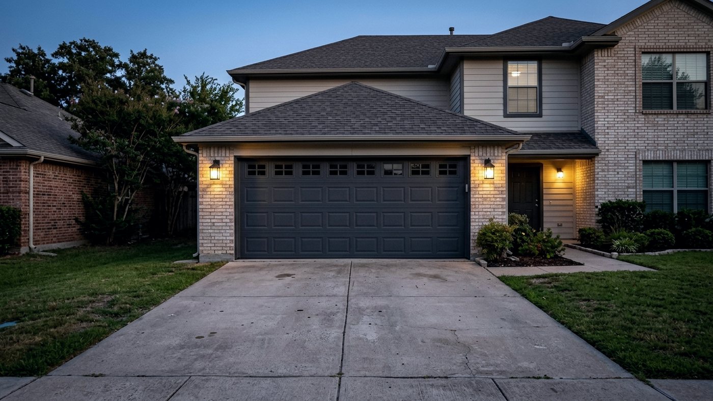 Residential garage door at dusk